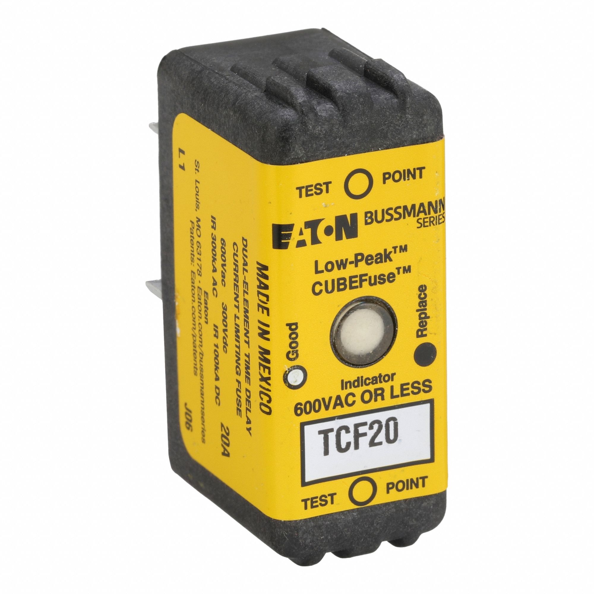 Fuse: Class CF, TCF Series, Time-Delay, 20 A, 600 V AC, 300 V DC, Indicating