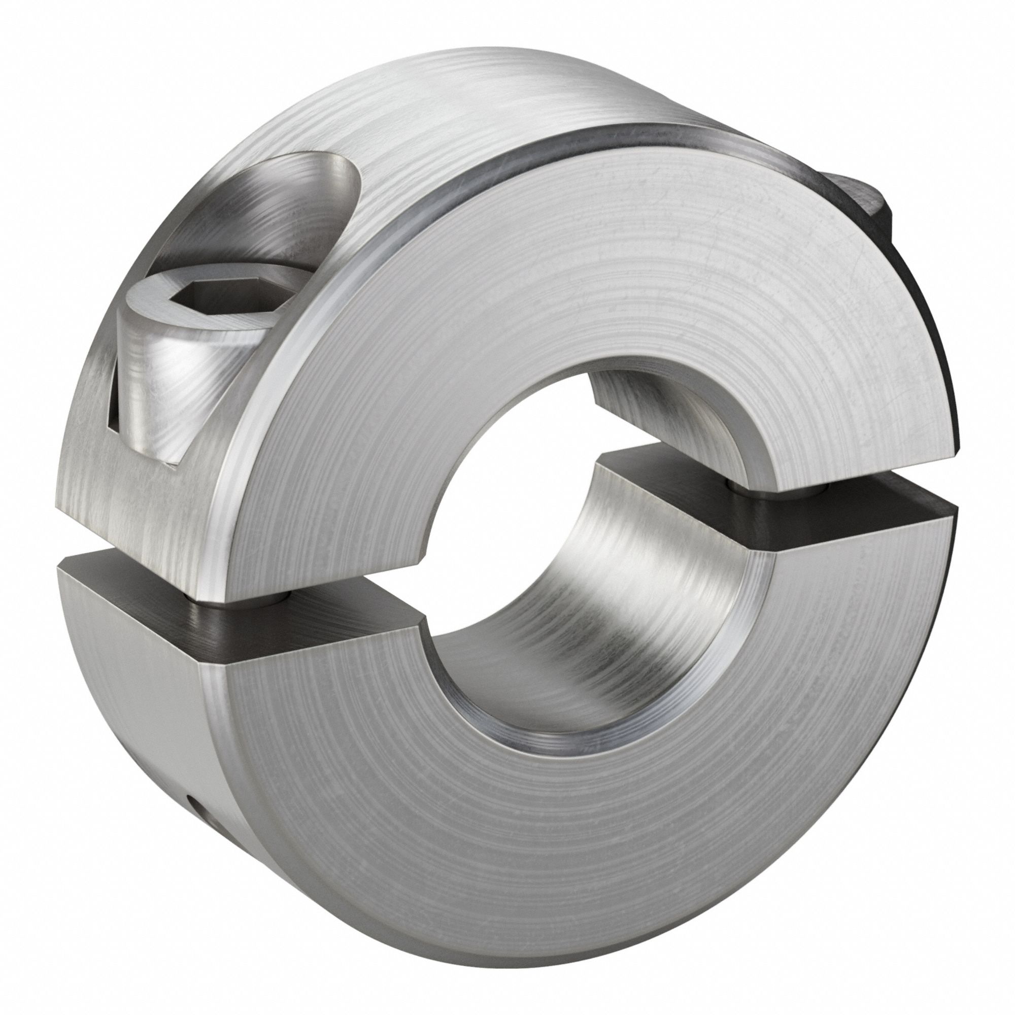 Shaft Collar: 2-Piece, Inch, Round, Clamp On, 3/8 in Bore Dia, Stainless Steel