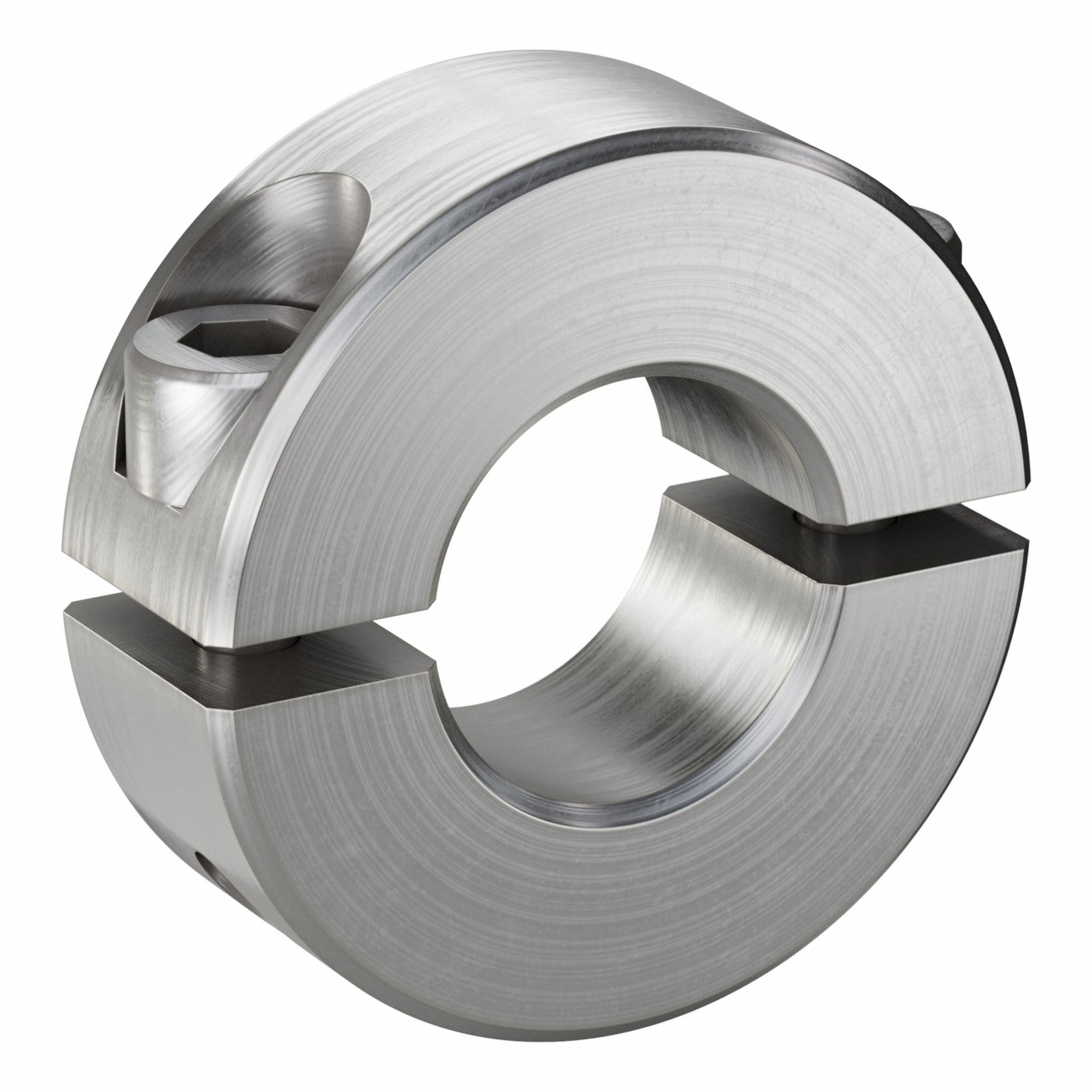 Shaft Collar: 2-Piece, Inch, Round, Clamp On, 7/16 in Bore Dia, Stainless Steel