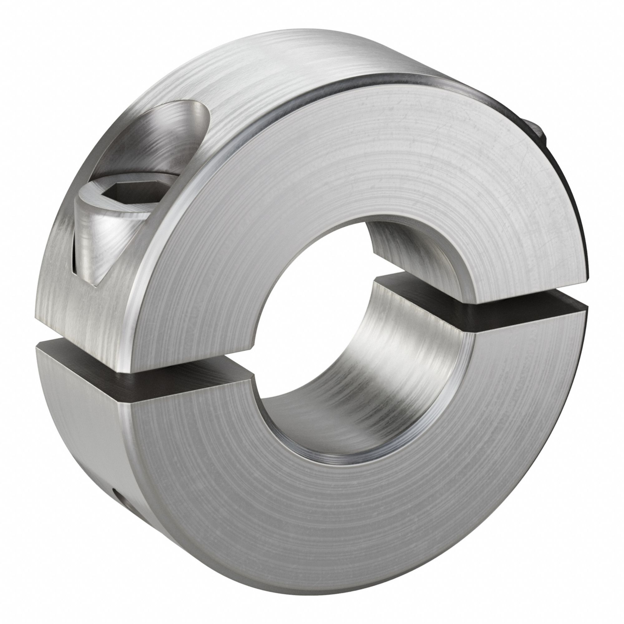 Shaft Collar: 2-Piece, Inch, Round, Clamp-On, 1/2 in Bore Dia, Stainless Steel