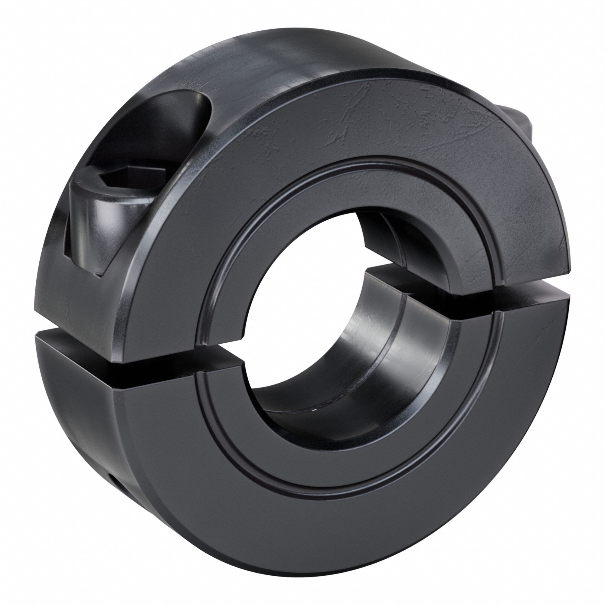 Shaft Collar: 2-Piece, Inch, Round, Clamp On, 9/16 in Bore Dia, Carbon Steel