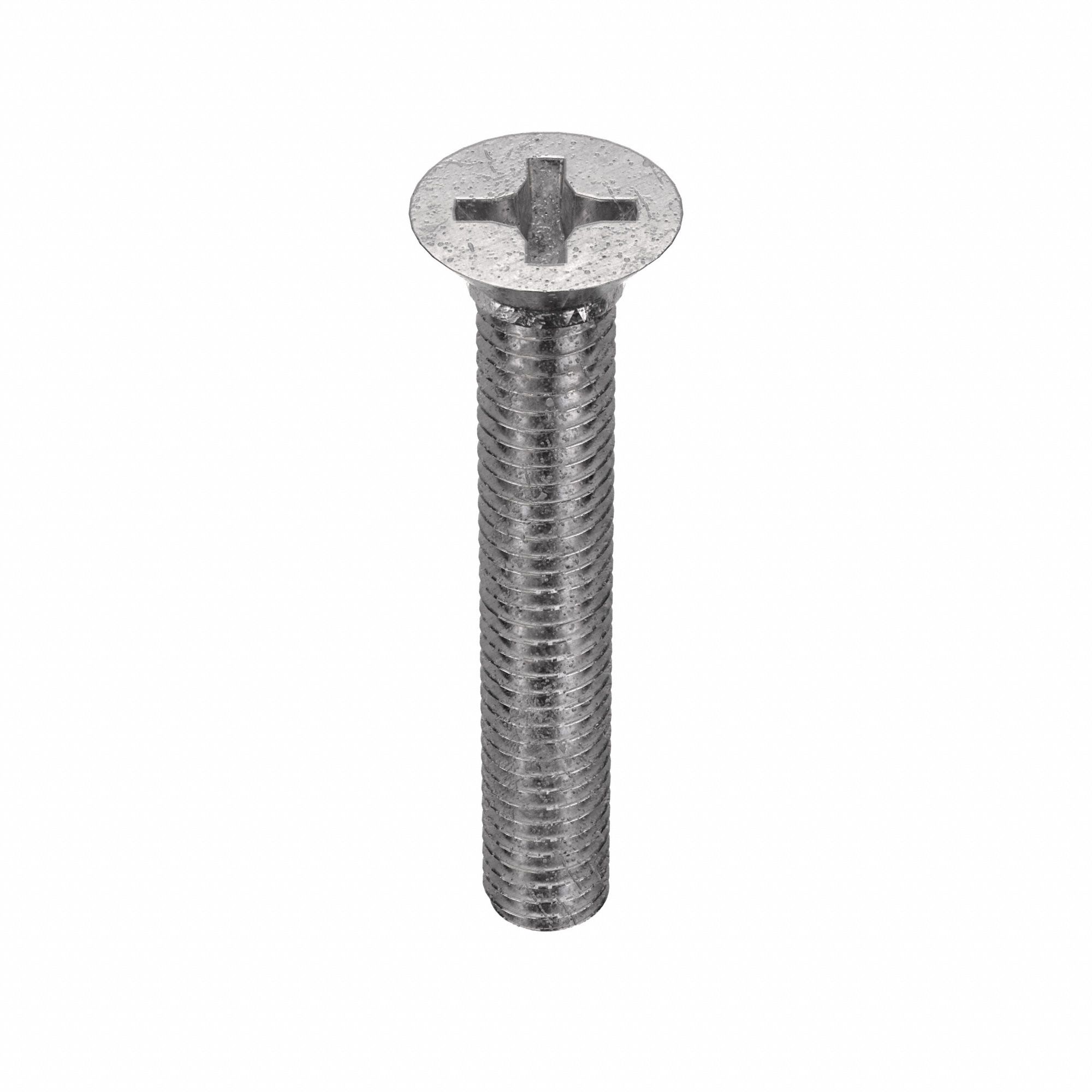 Machine Screw: 3/8"-16 Thread Size, 2 1/2 in Lg, 18-8, Stainless Steel, Plain, Flat, Phillips, 10 PK