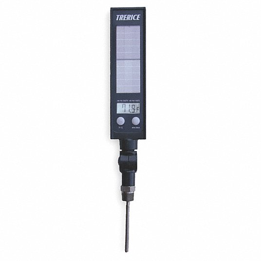 Digital Solar-Powered Thermometer: Adj-Angle, -40˚ to 300˚F/-40˚ to 150˚C, 1/2 in NPT, 4 in Stem Lg