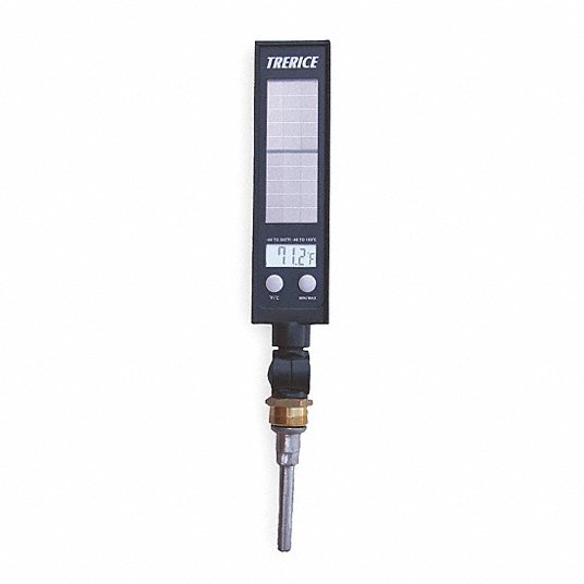 Digital Solar-Powered Thermometer: Adj-Angle, -40˚ to 300˚F/-40˚ to 150˚C, 1-1/4-18, 3.5 in Stem Lg