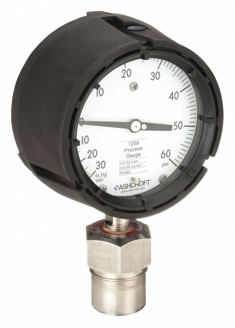 Pressure Gauge with Diaphragm Seal: 0 psi to 60 psi, 1259/311-312, 4 1/2 in Dial, Glycerin
