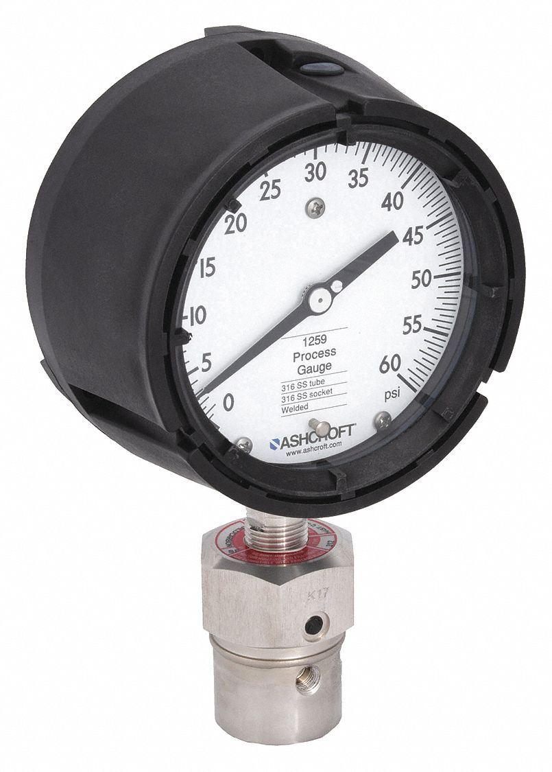 Pressure Gauge with Diaphragm Seal: 0 psi to 60 psi, 1259/311-312, 4 1/2 in Dial, Bottom