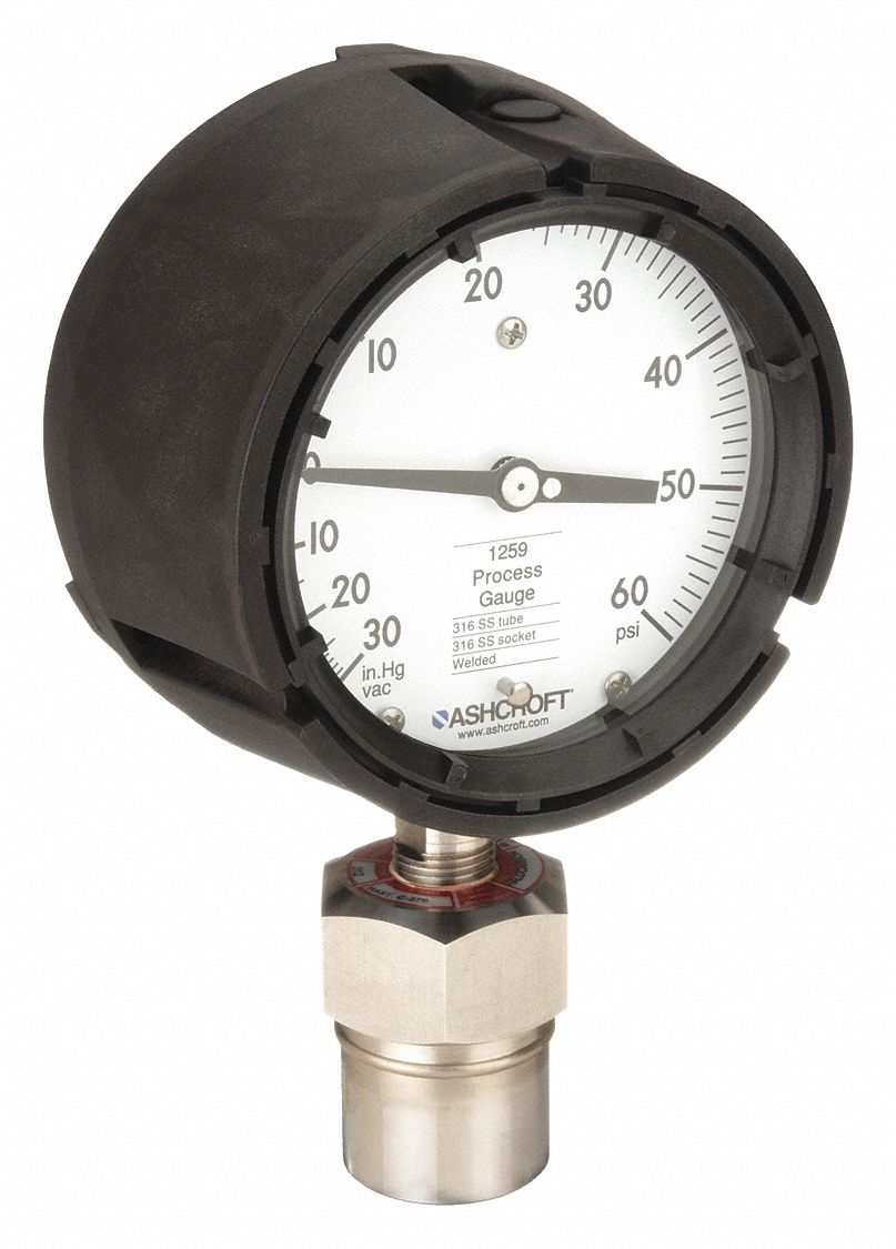 Pressure Gauge with Diaphragm Seal: 0 psi to 60 psi, 1259/311-312, 4 1/2 in Dial, Bottom