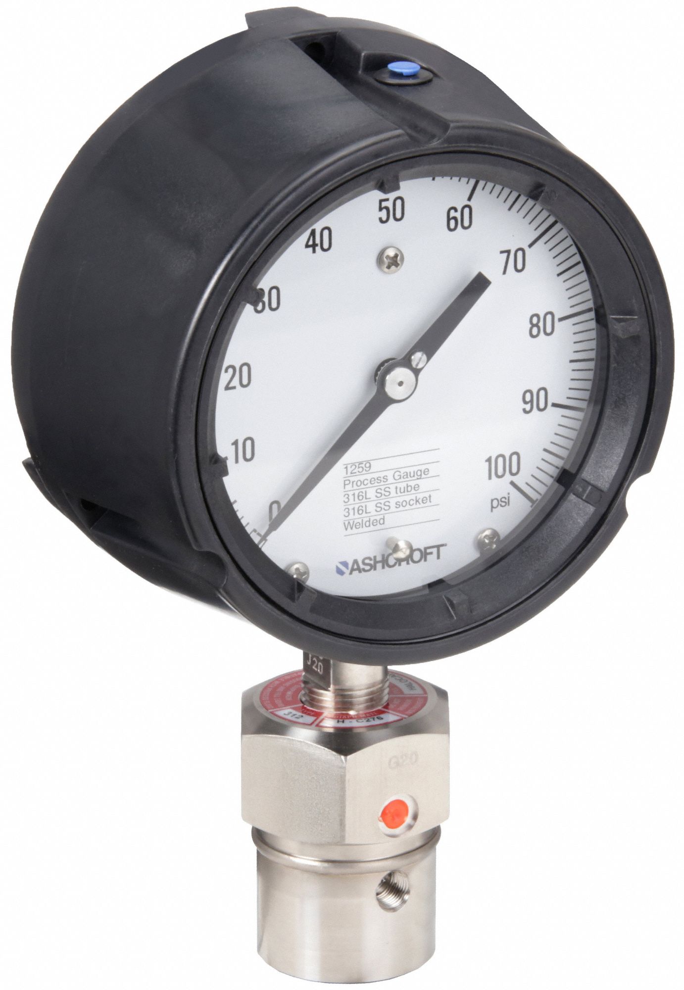 Pressure Gauge with Diaphragm Seal: 0 psi to 100 psi, 1259/311-312, 4 1/2 in Dial, Bottom