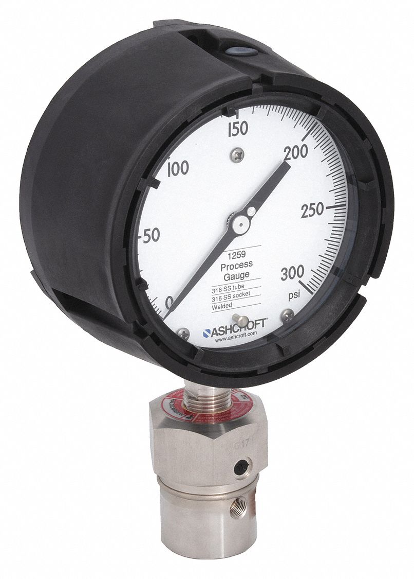 Pressure Gauge with Diaphragm Seal: 0 psi to 300 psi, 1259/311-312, 4 1/2 in Dial, Bottom