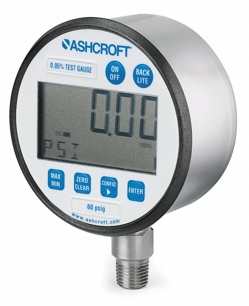 ASHCROFT Digital Test Pressure Gauge: Calibrator Pressure Gauge, 0 to 30  psi, 3 in Dial, Bottom