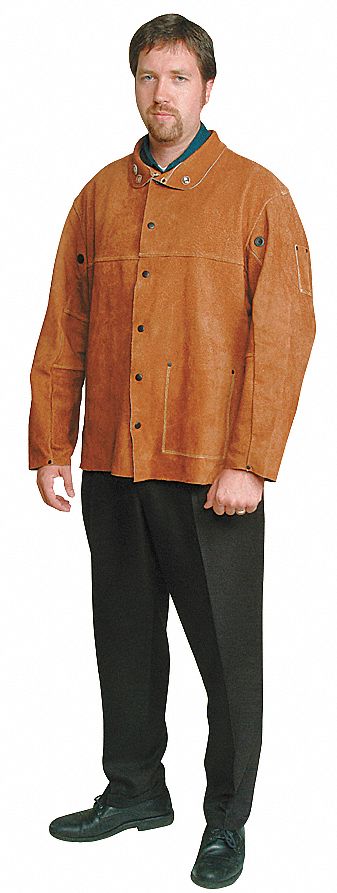 WELDING JACKET, COWHIDE, BROWN, SNAPS, 3 POCKETS, 2XL, VENTED BACK/UNDERARMS