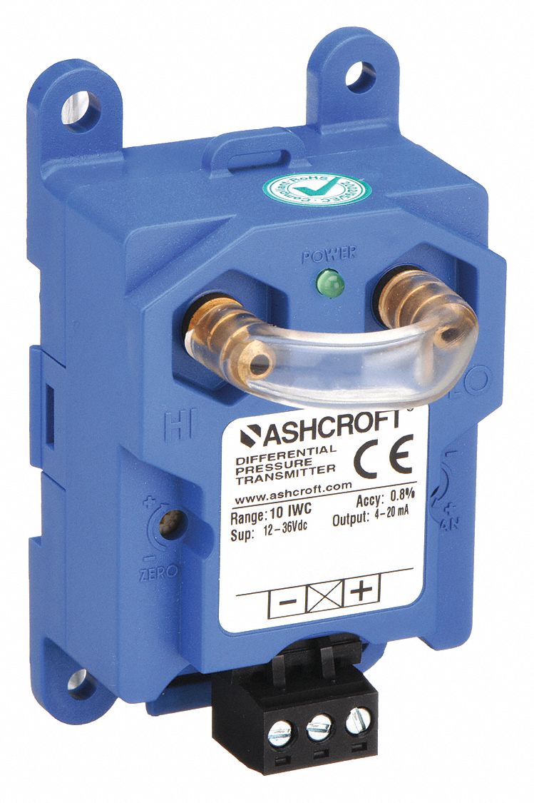 Differential Transmitter: DIN Rail, -0.1 in wc to 0.1 in wc, 4 to 20mA DC, Terminal Block