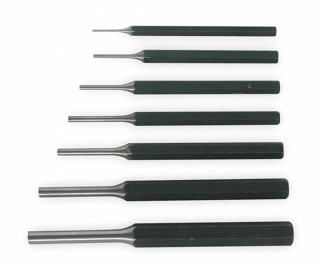 DRIVE PIN PUNCH SET, 1/16 IN/3/32 IN/⅛ IN/5/32 IN/3/16 IN/¼ IN/5/16 IN TIP DIA, 7 PIECES, STEEL