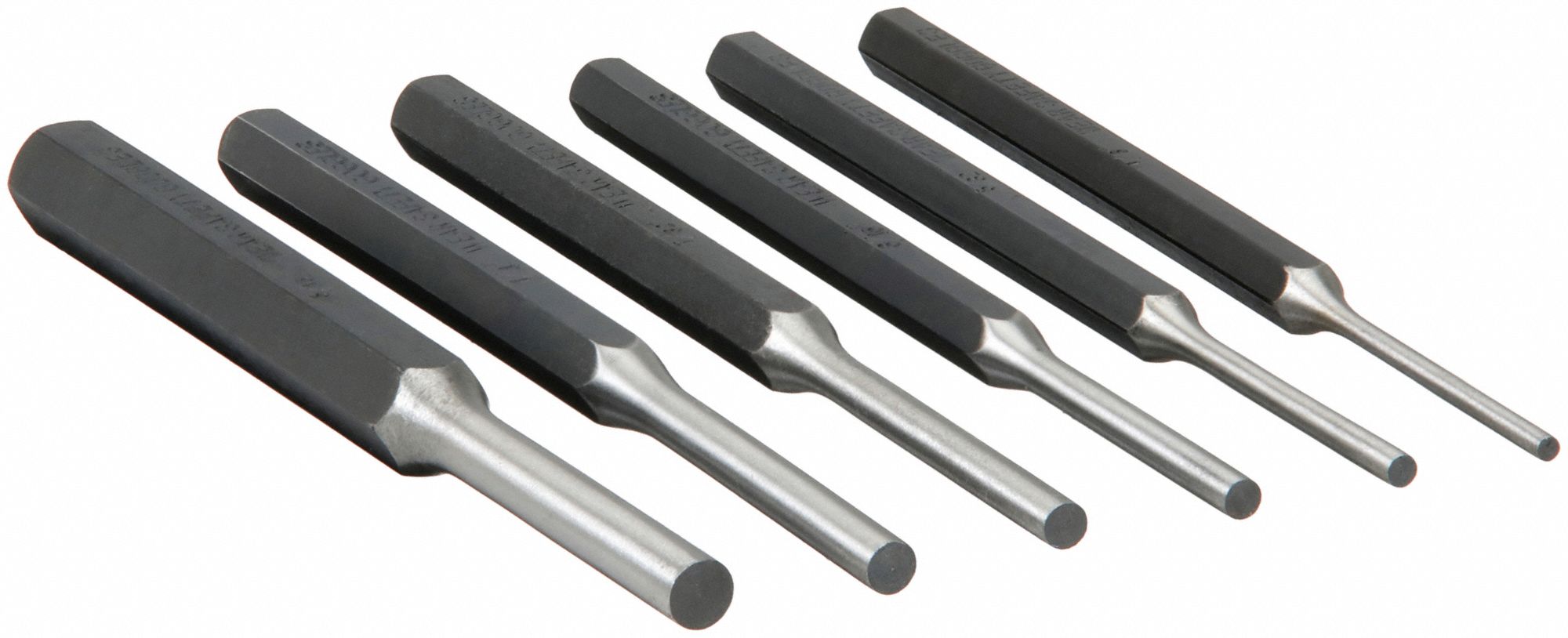 DRIVE PIN PUNCH SET, ⅛ IN/5/32 IN/3/16 IN/7/32 IN/¼ IN/5/16 IN TIP DIA, 6 PIECES, STEEL, SAE