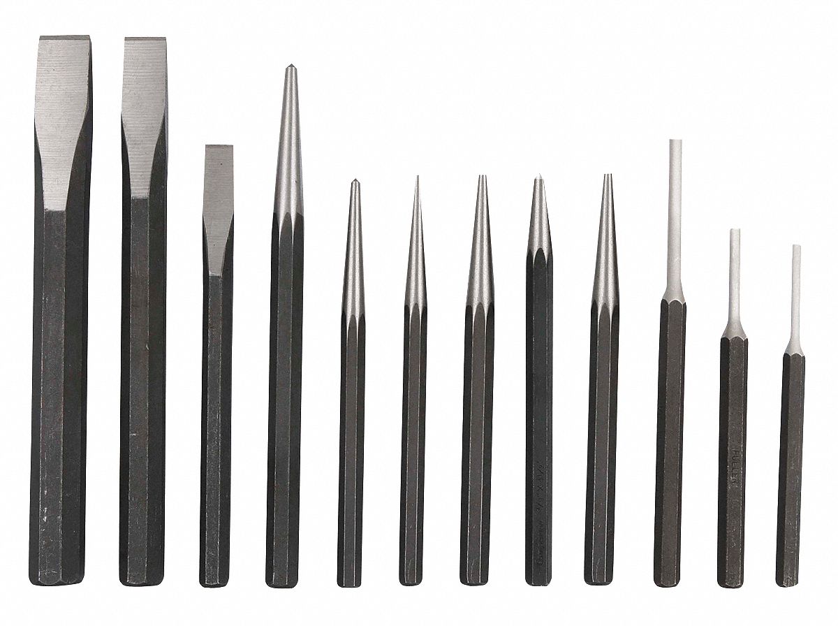 PUNCH AND CHISEL SET, 12 PIECES, FLAT CHISEL, CENTRE PUNCH/PIN PUNCH/PRICK PUNCH/STARTING PUNCH