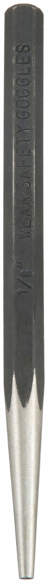STARTING PUNCH, ⅛ IN TIP DIA, 5/16 IN SHANK W, 1⅝ IN TAPER L, 5 IN OVERALL L, HEXAGON, FLAT