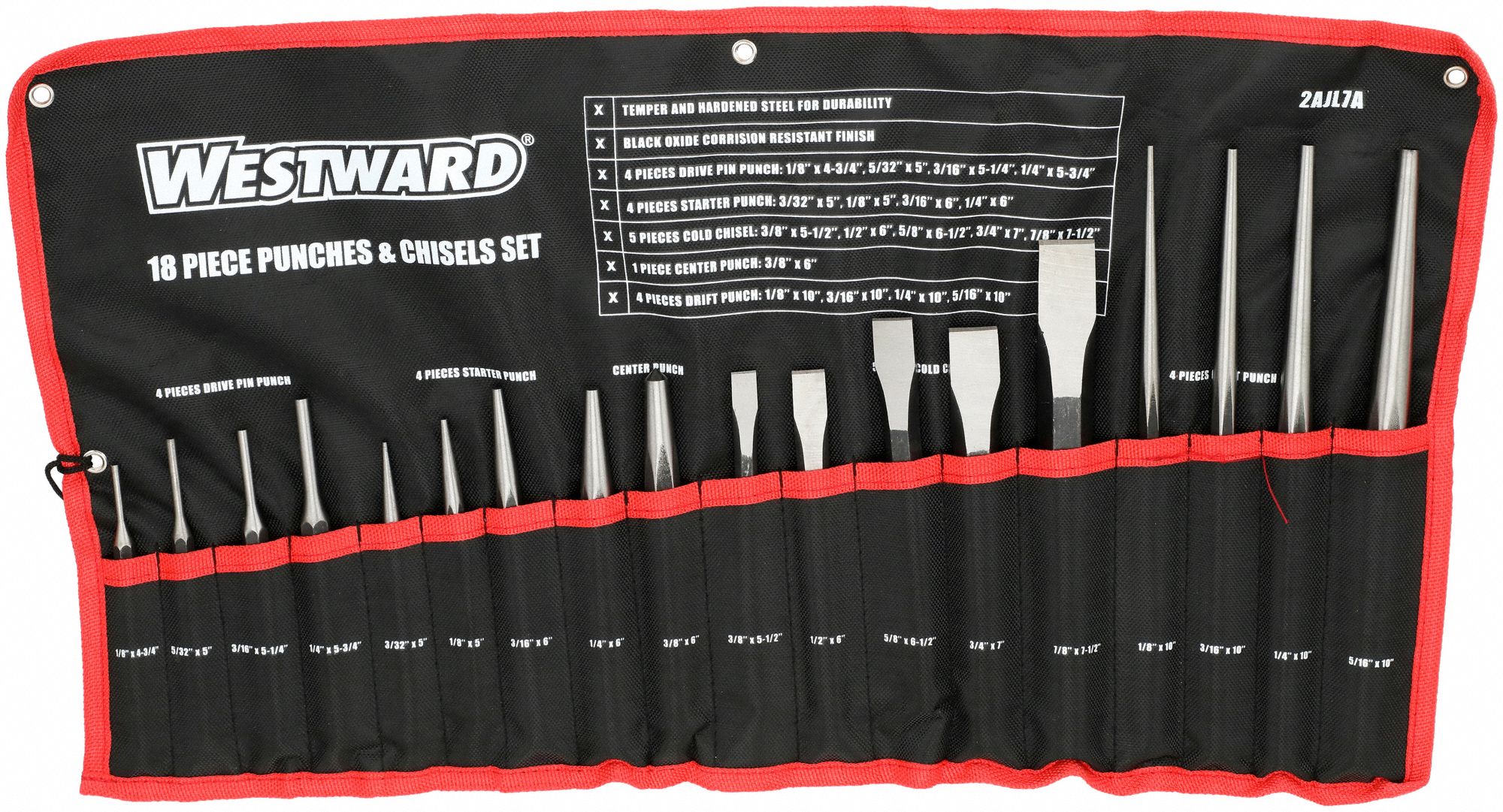 WESTWARD Punch and Chisel Set 18 Pieces, Flat Chisel, Pouch 2AJL7