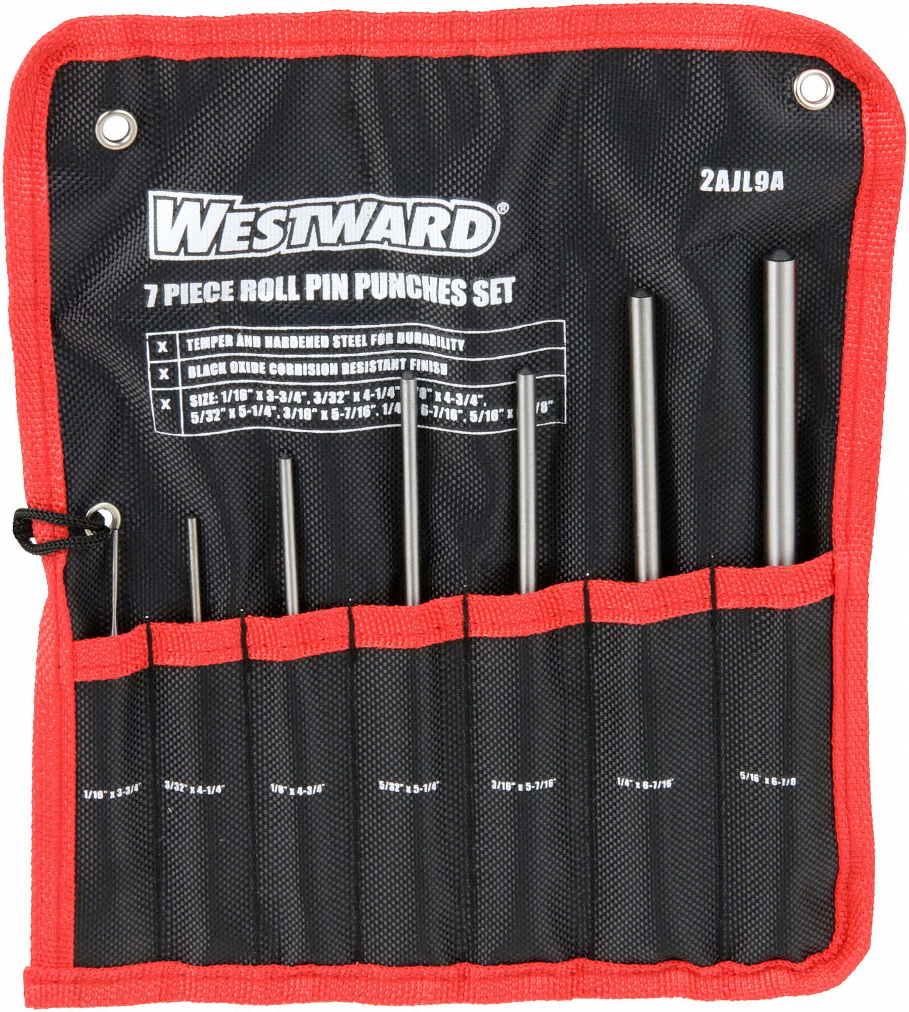 WESTWARD Roll Pin Punch Set 1/16 in_3/32 in_1/8 in_5/32 in_3/16 in_1/4