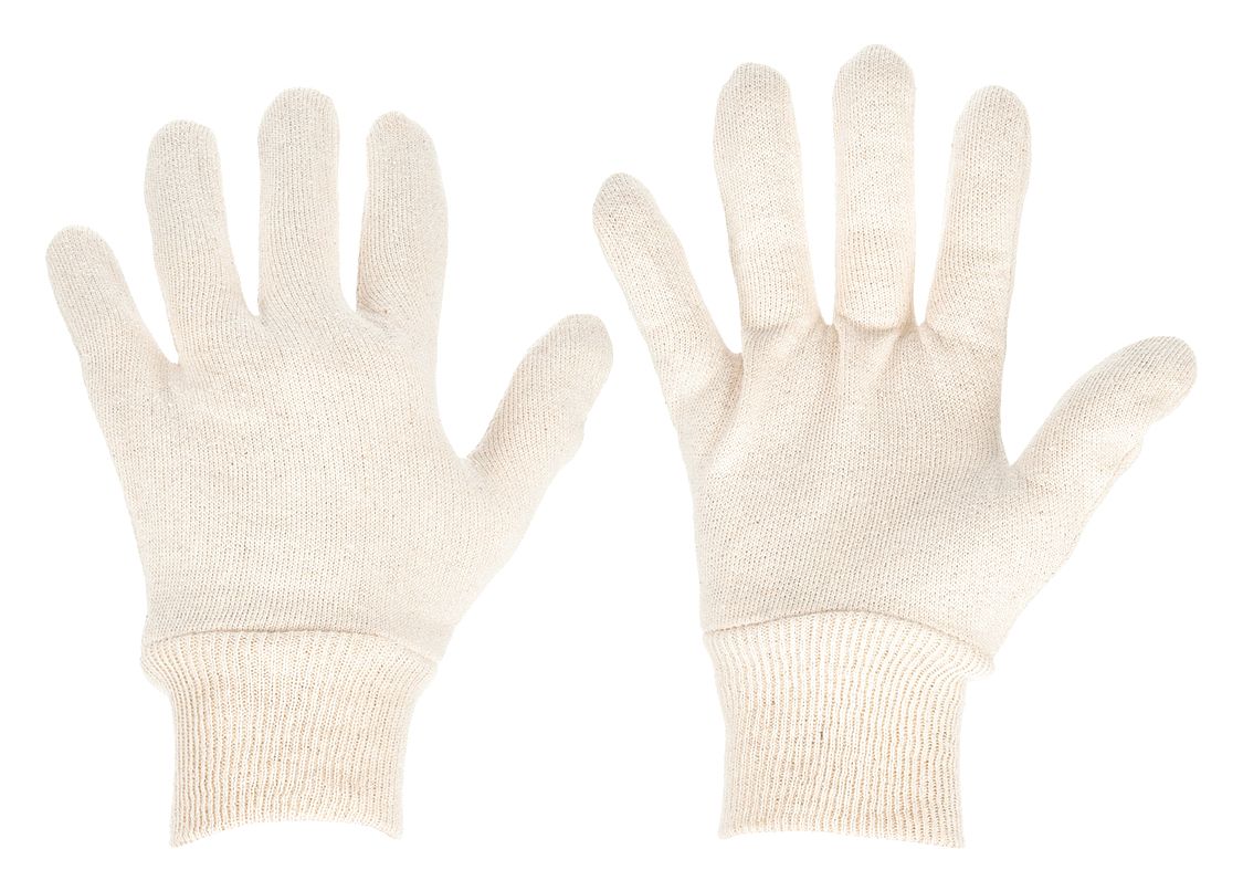 KNIT GLOVES, L (9), UNCOATED, COTTON, FULL FINGER, SLIP-ON CUFF, WHITE