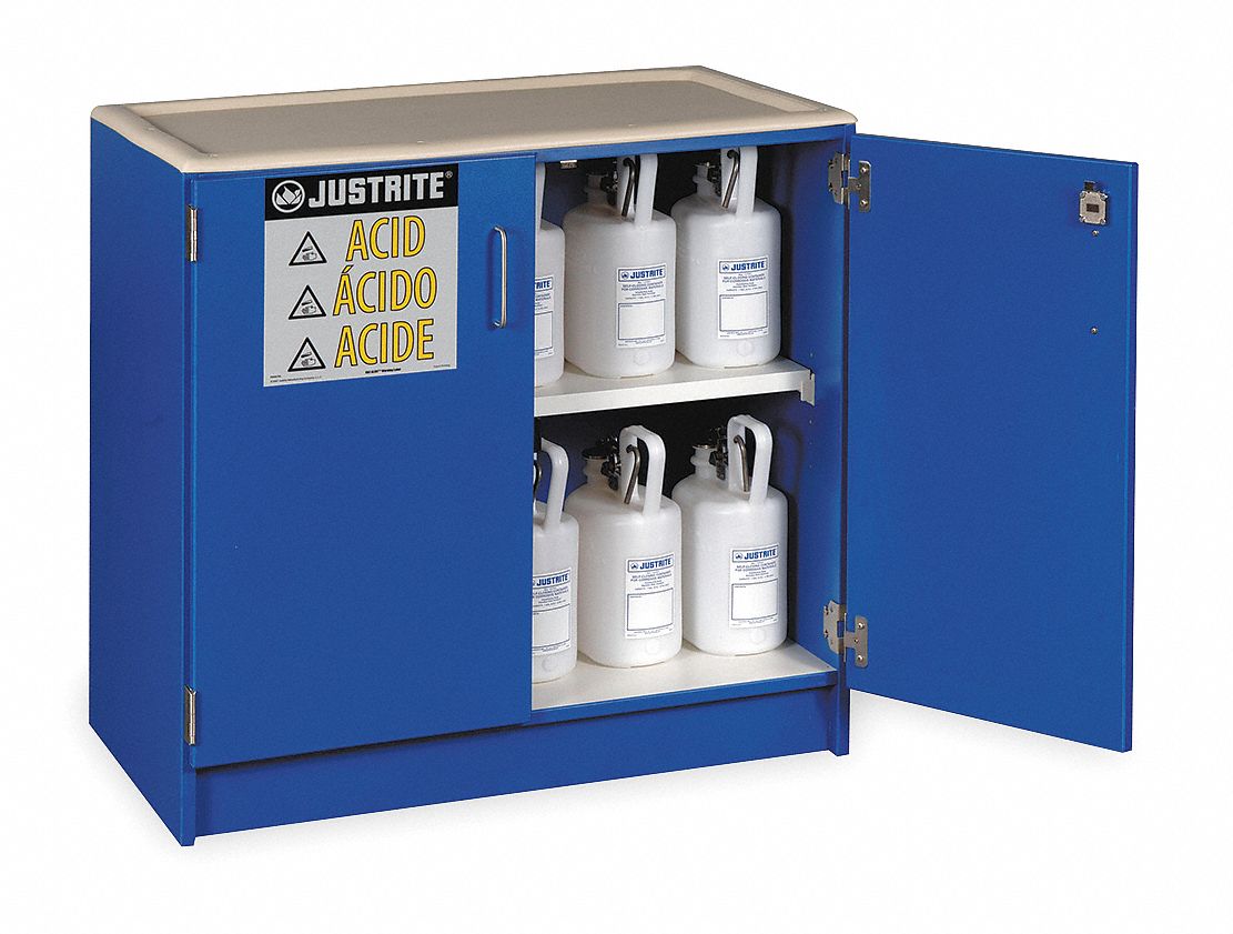 CORROSIVES SAFETY CABINET, STANDARD, 23 GAL, 36X22X35¾ IN, BLUE, MANUAL CLOSE, WOOD LAMINATE