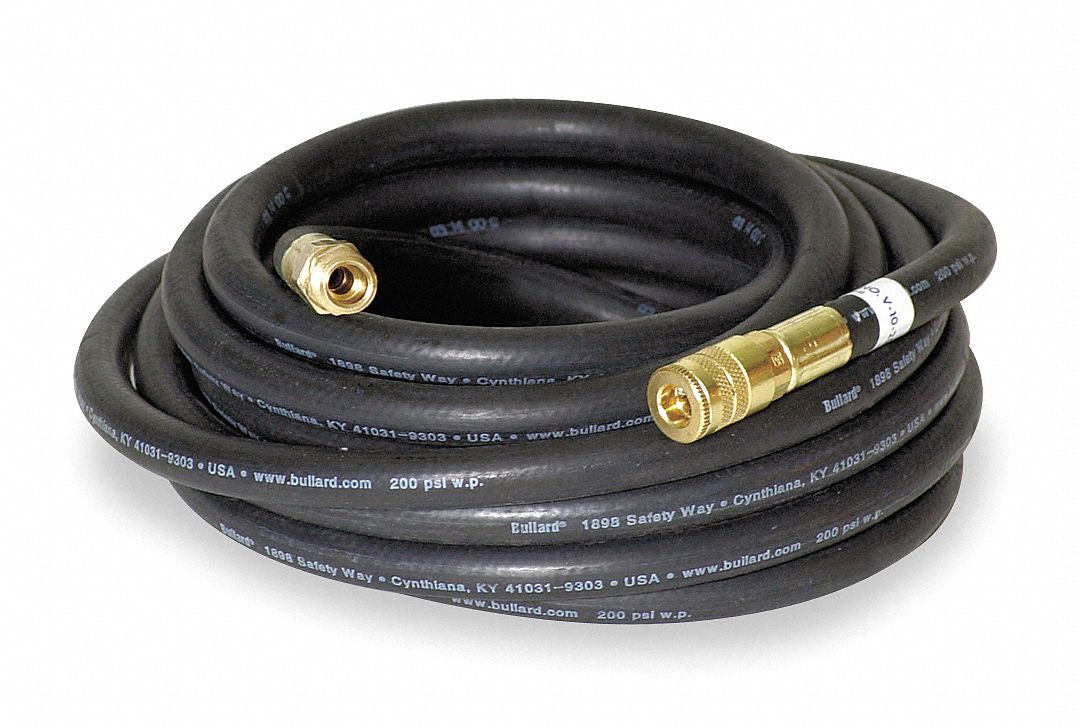 HOSE, BLACK, RUBBER, 50 FT, ⅜ IN, 200 PSI, NIOSH, FOR USE WITH COMPRESSED AIR