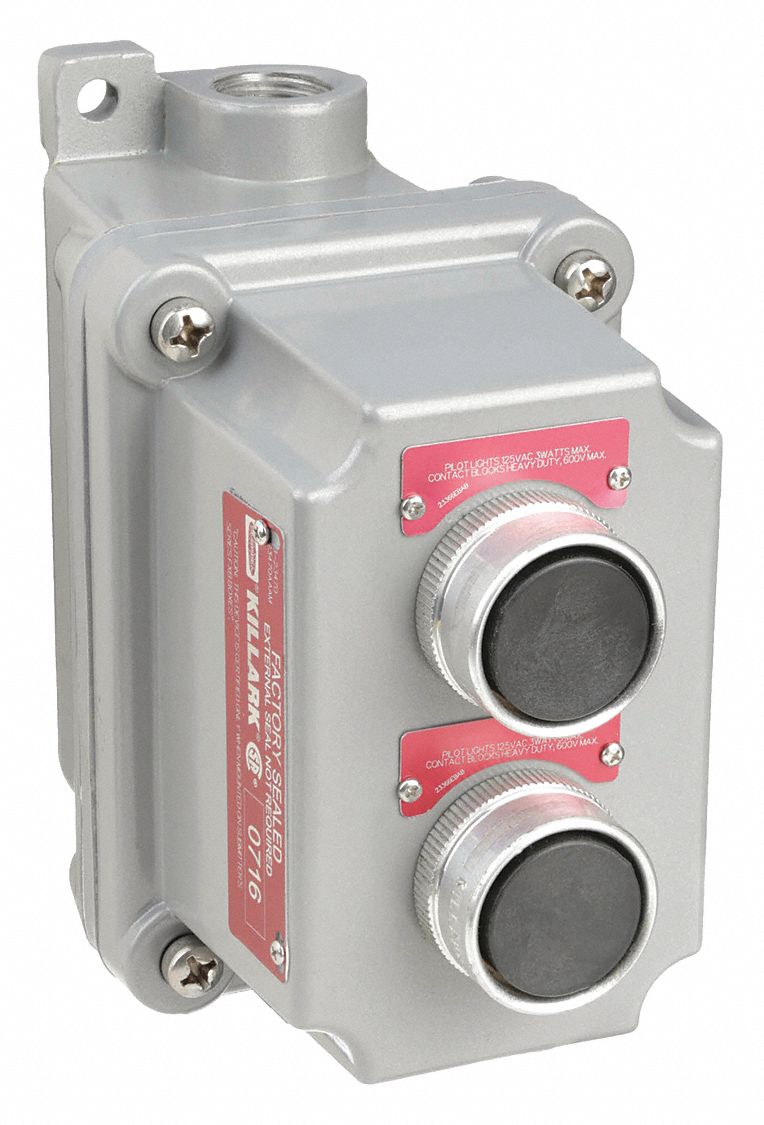 CONTROL STATION, 2 GANGS, 2 PUSH BUTTONS, 2NO/2NC, NO LEGEND, 0 PILOT LIGHTS, ½ IN, FEED-THRU HUB