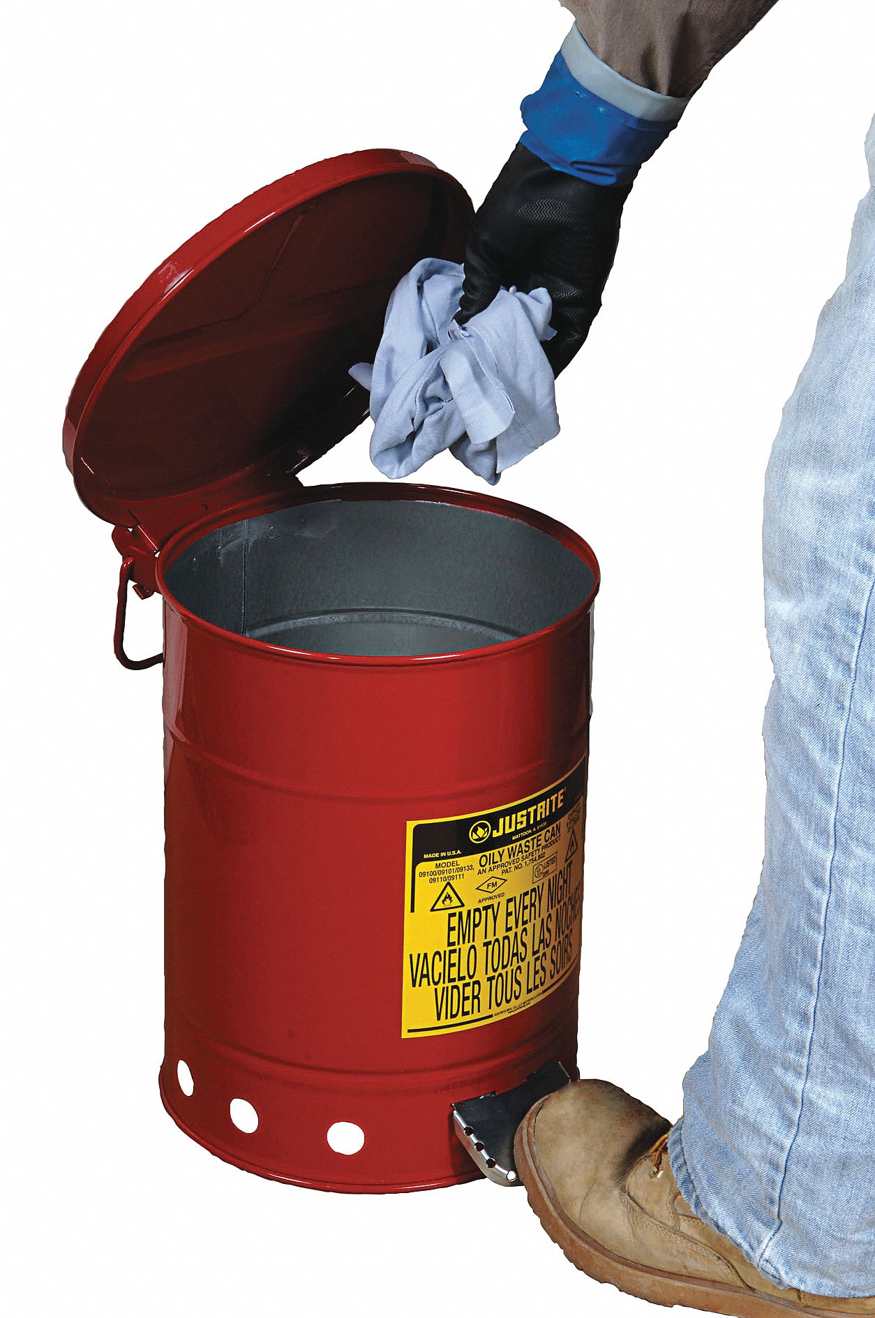 JUSTRITE Floor Oily Waste Can, 6 Gal, Galvanized Steel, Red, Foot ...