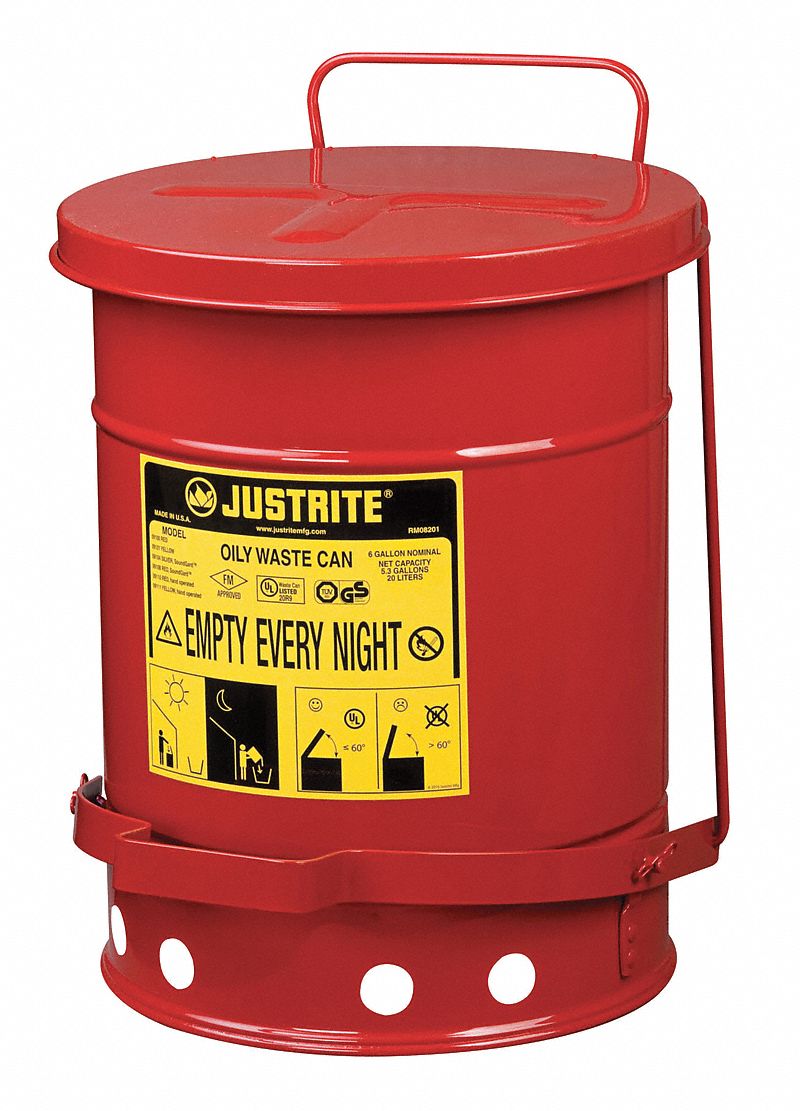 OILY WASTE CAN, 6 GAL, RED, GALVANIZED STEEL, 15⅞ IN H, FOOT OPERATED SELF CLOSING