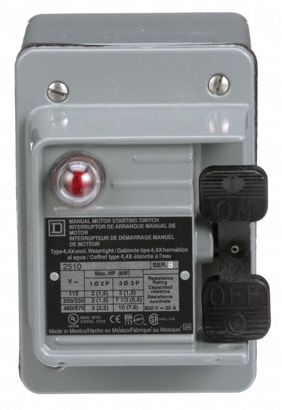 Manual Motor Switch: 2 Poles, 30 A, 4 NEMA Rating, Pilot Light: Red Light (115V AC)