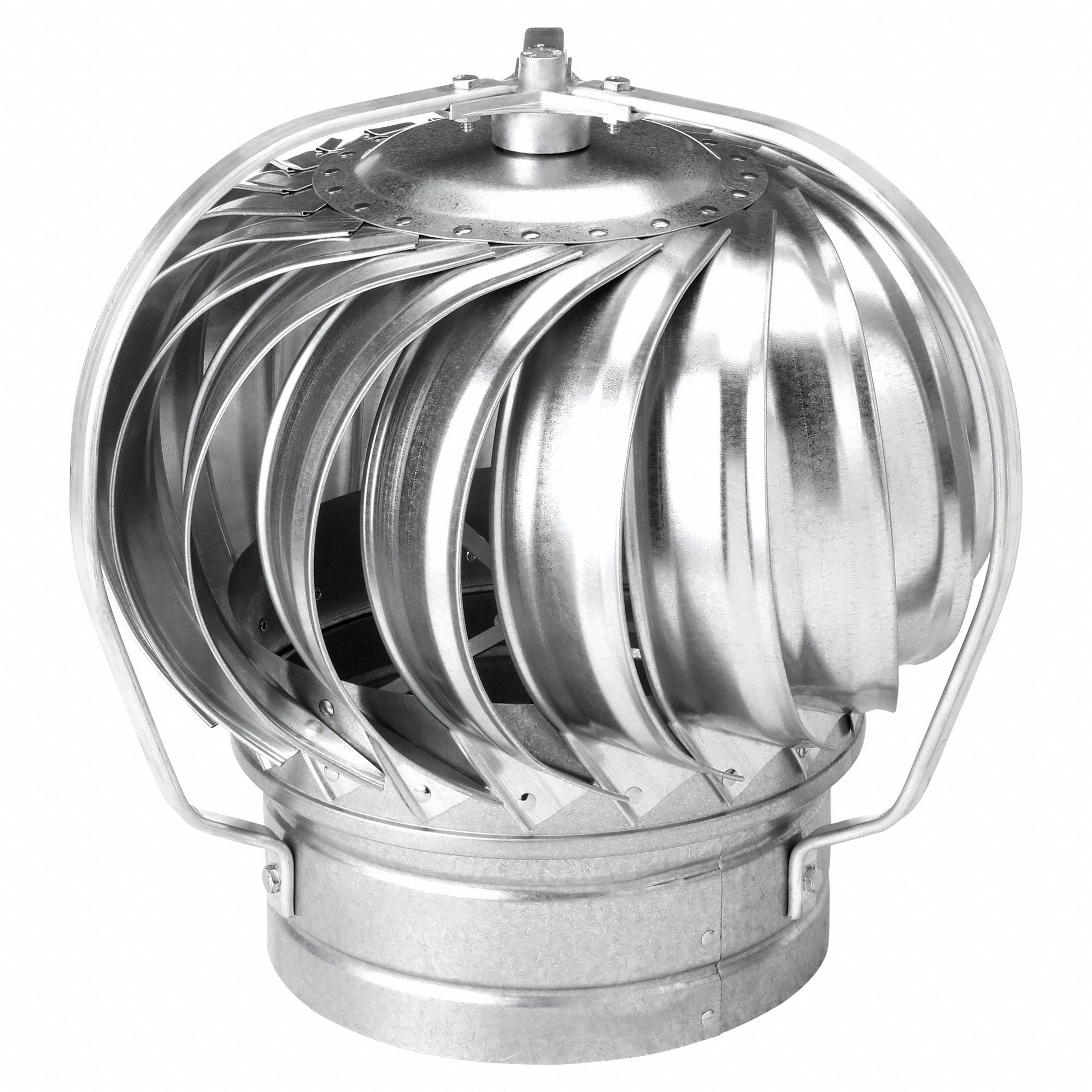 WIND-DRIVEN TURBINE EXHAUST VENTILATOR, 19 IN HEAD DIA, 12 IN THROAT DIA, 631 CFM AT 4 MPH, STEEL