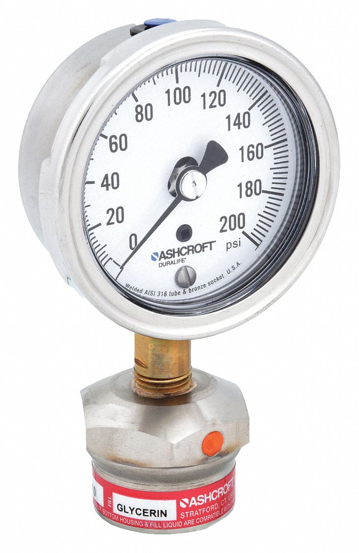 Pressure Gauge with Diaphragm Seal: 0 psi to 200 psi, 1009/310-315, 2 1/2 in Dial, Glycerin