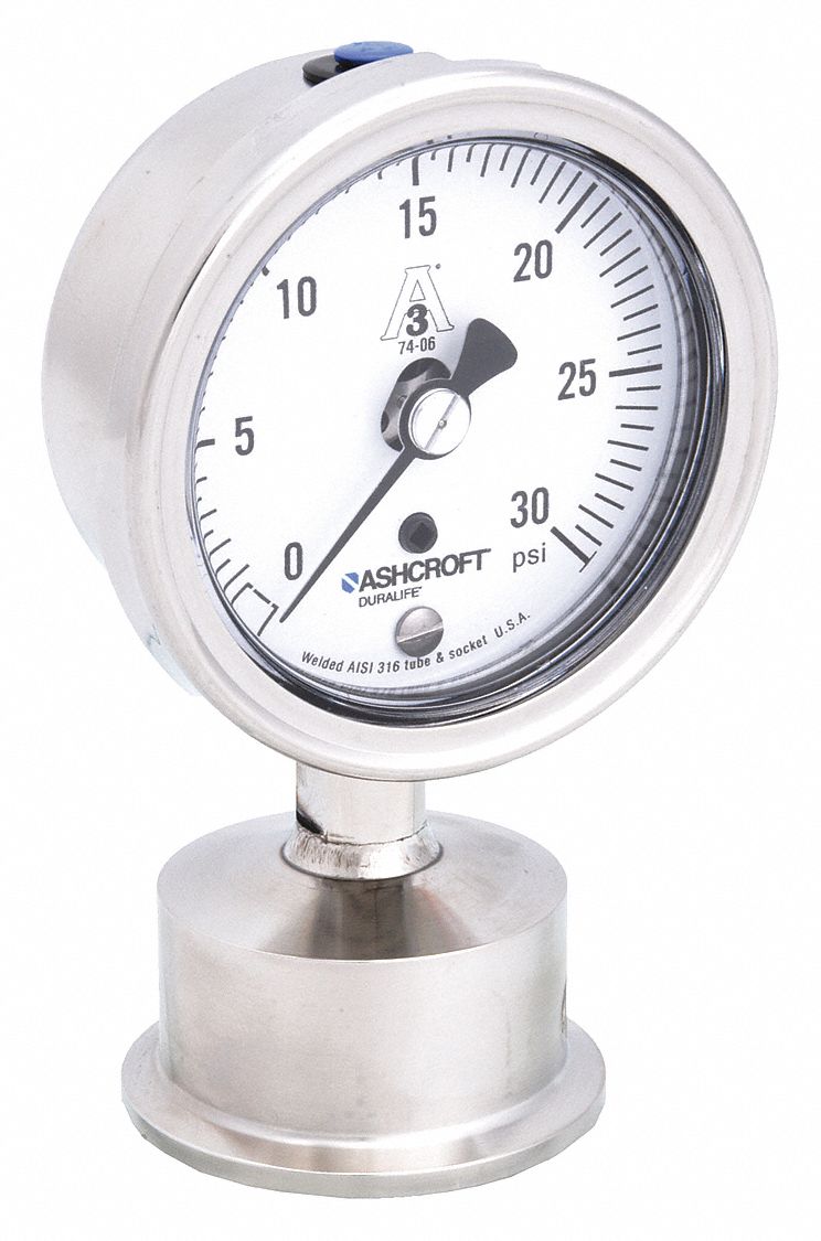 Pressure Gauge: 0 psi to 30 psi, 2 1/2 in Dial, 1 1/2 in Tri-Clamp, Bottom, ±1.50% Accuracy