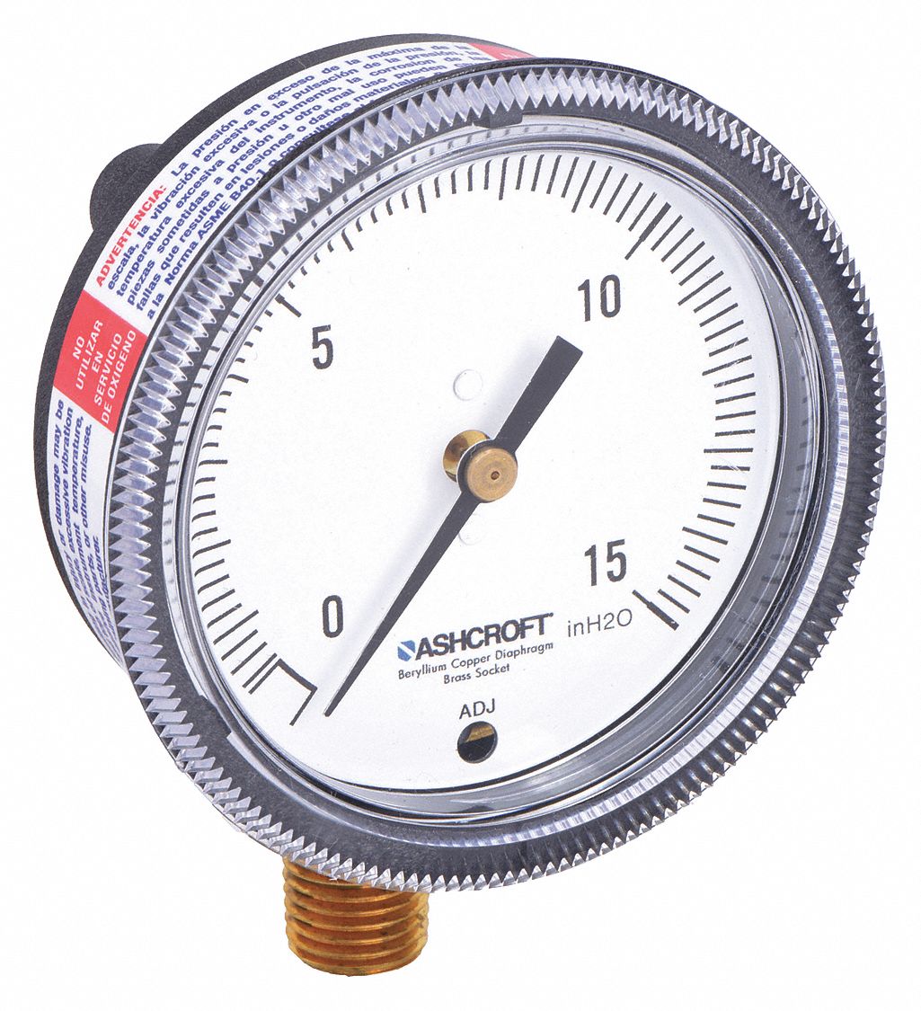 Low Pressure Gauge: For Natural Gas & Other Gases, 0 in wc to 15 in wc, 2 1/2 in Dial, 1490