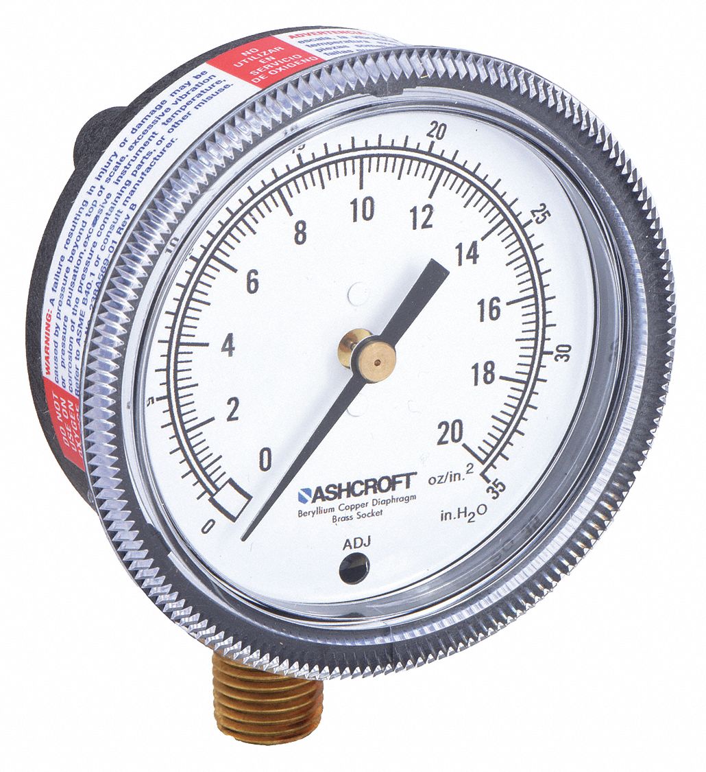 Low Pressure Gauge: For Natural Gas & Other Gases, 0 oz/sq in to 20 oz/sq in, 2 1/2 in Dial