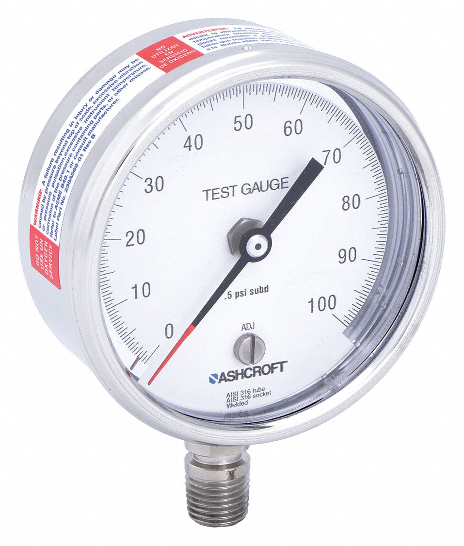 TEST PRESSURE GAUGE, POCKET TEST PRESSURE GAUGE, GRADE 2A - PROCESS/POCKET TEST, BOTTOM, 3 IN, 0 TO 100 P