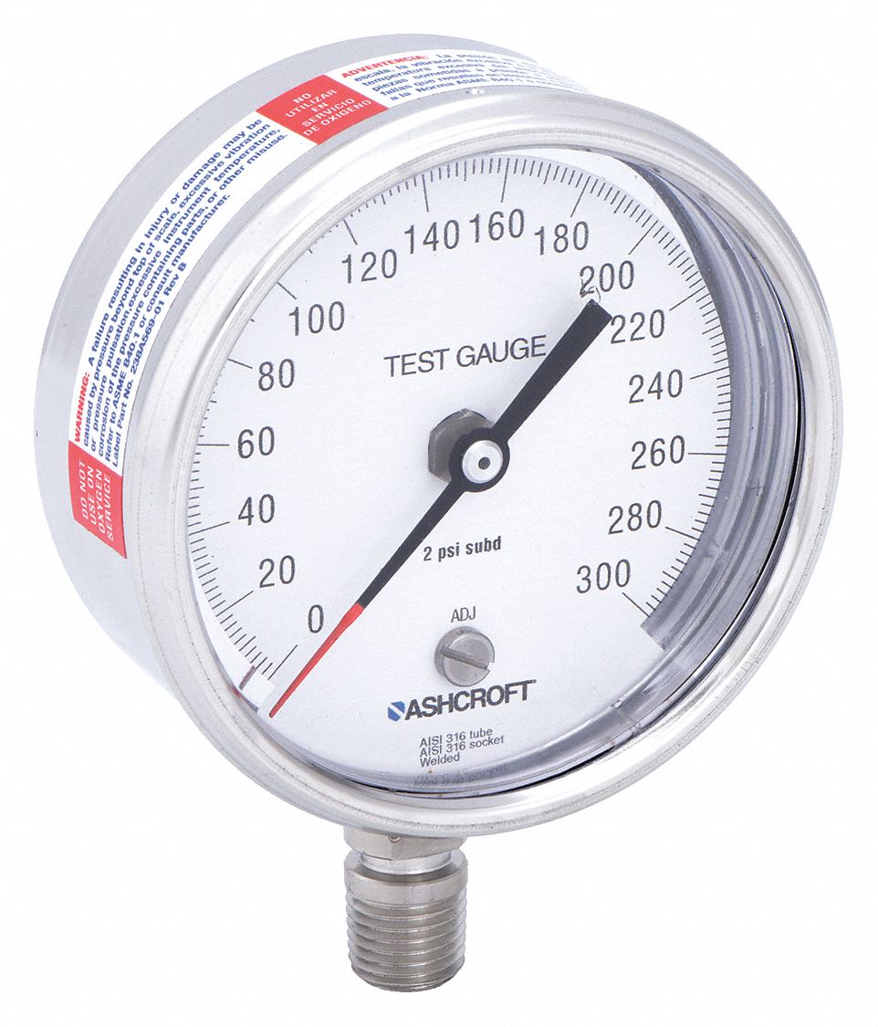 PRESSURE GAUGE,TEST,3 IN,0 TO 300 P