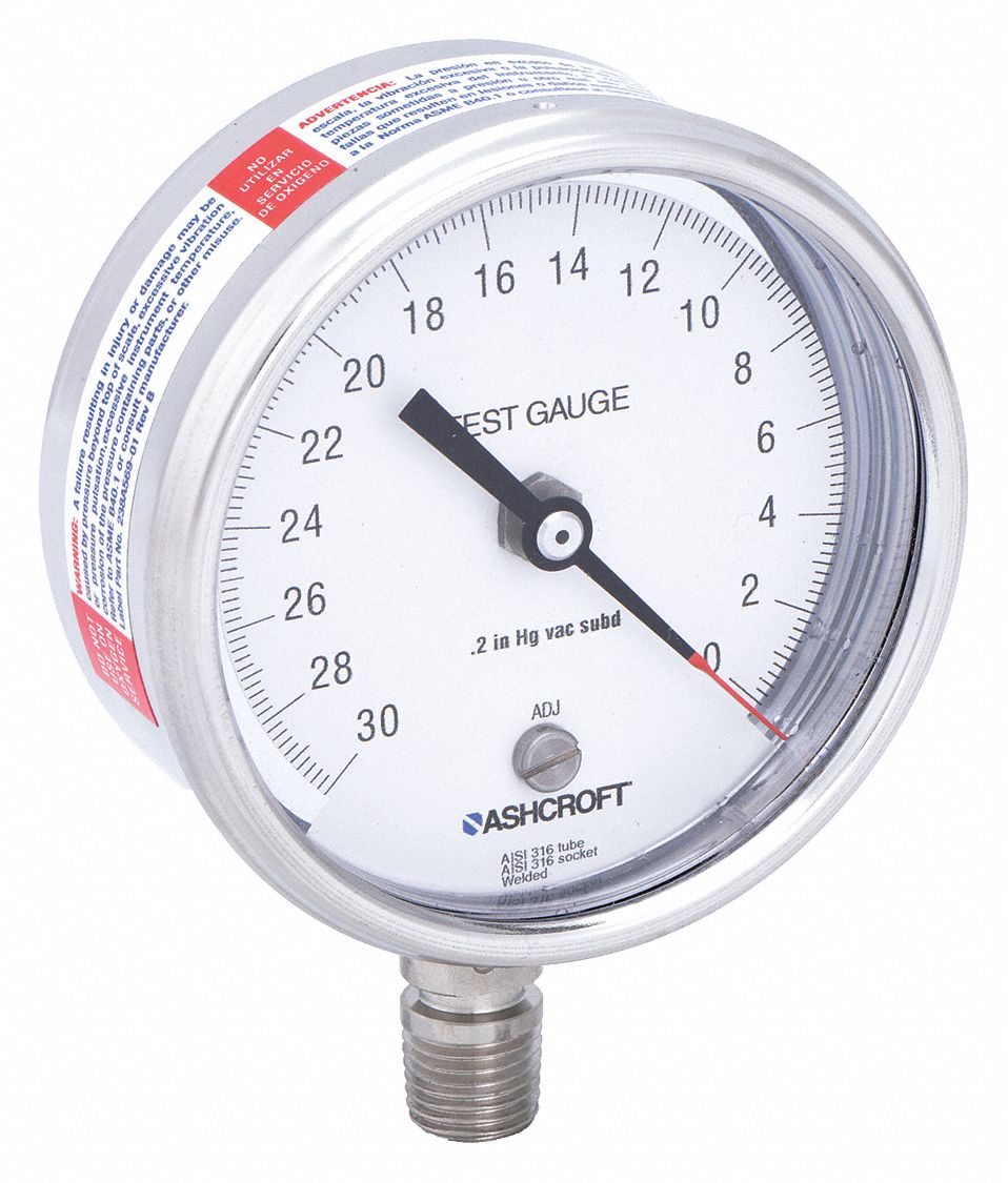 ASHCROFT, Pocket Test Pressure Gauge, 30 to 0 in Hg, Vacuum Test Gauge 2C696301084S 02L VAC