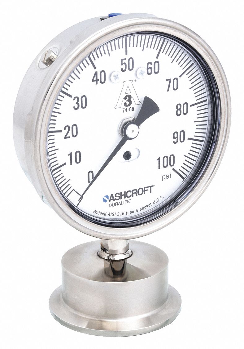 Pressure Gauge: 0 psi to 100 psi, 3 1/2 in Dial, 2 in Tri-Clamp, Bottom, ±1.50% Accuracy