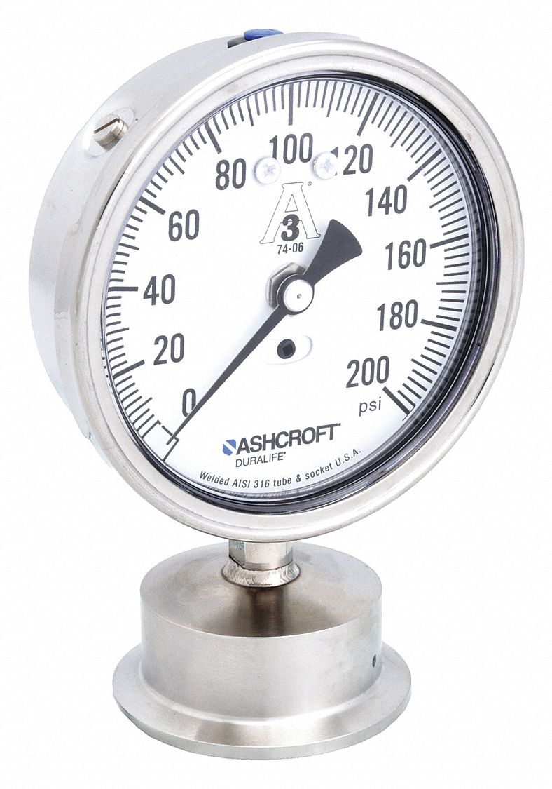Pressure Gauge: 0 psi to 200 psi, 3 1/2 in Dial, 2 in Tri-Clamp, Bottom, ±1.50% Accuracy