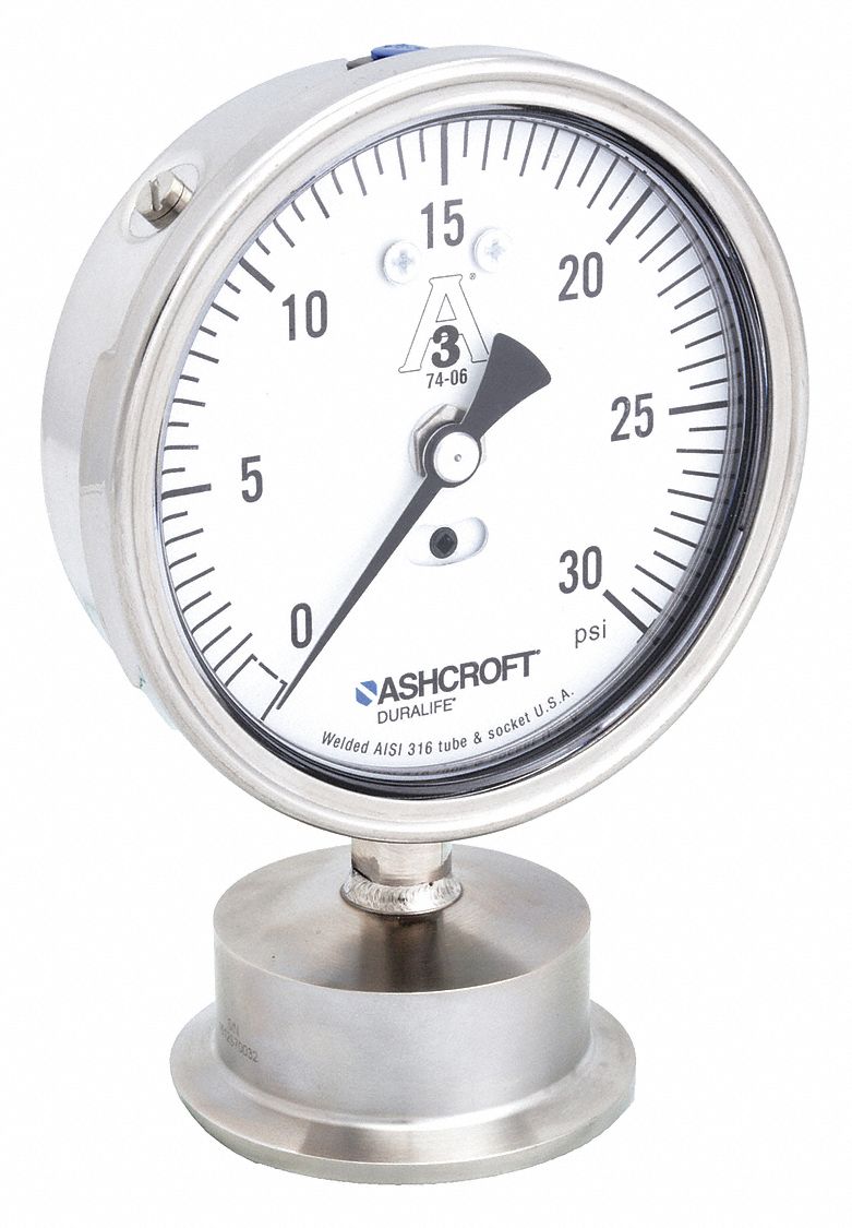 PRESSURE GAUGE,0 TO 30 PSI,3-1/2IN,2IN