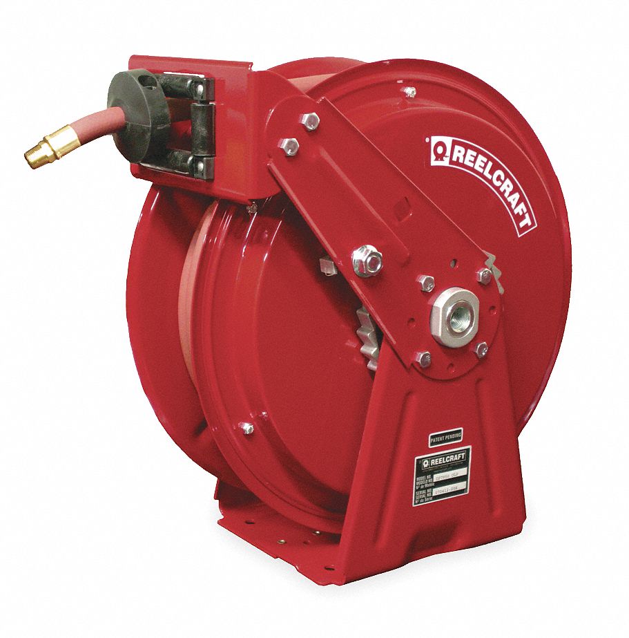 Spring Return Hose Reel: 100 ft (3/8 in I.D.), 5,000 psi Max Op Pressure,  Nickel Plated Steel, Red