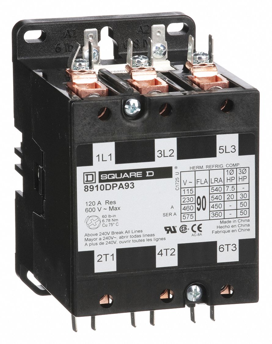 SQUARE D 120V AC Definite Purpose Contactor; No. of Poles 3, 90 Full