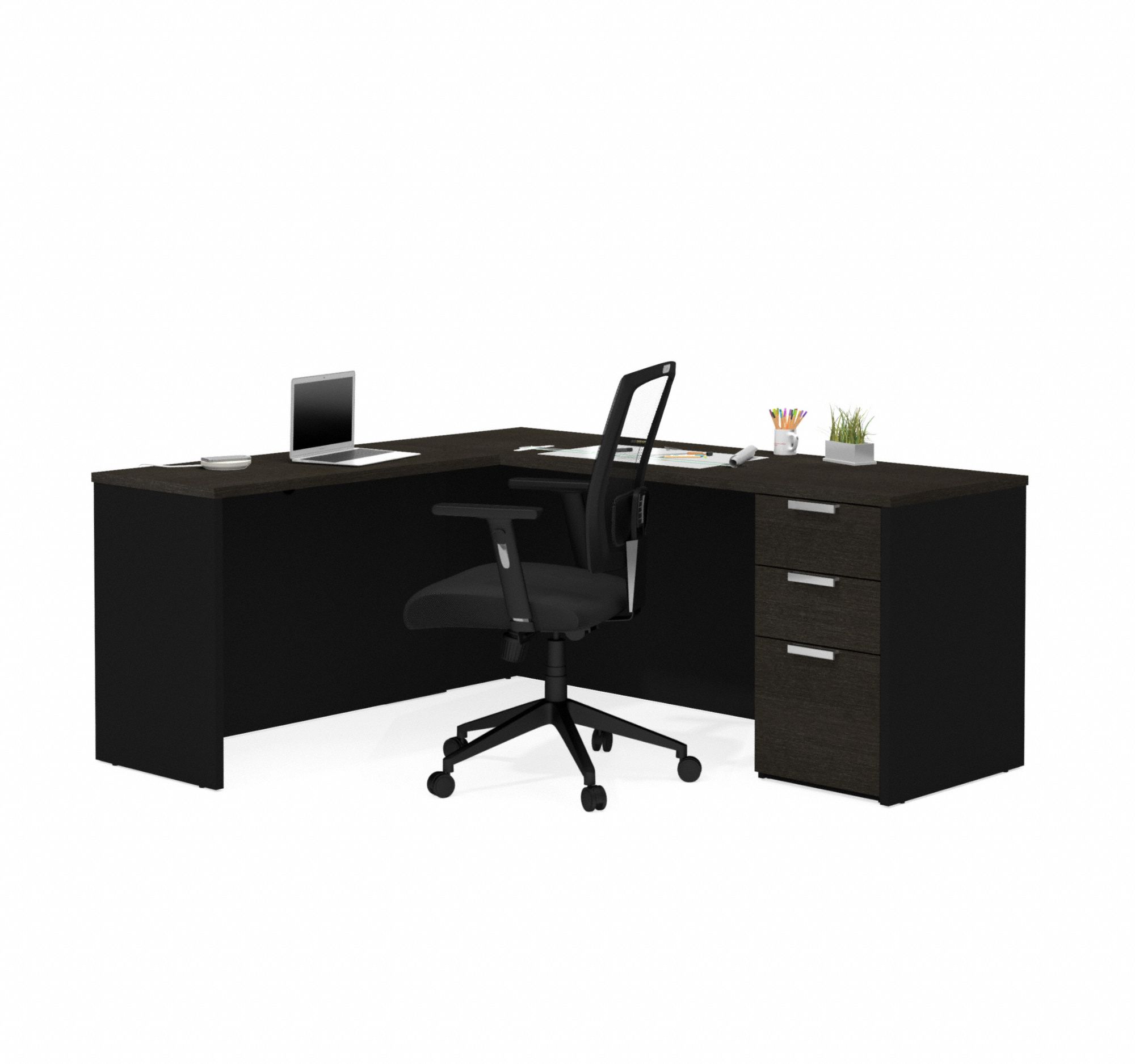 L-Shaped Office Desk: Black/Deep Grey, 71 1/8 in Overall Wd, 62 7/8 in Overall Dp