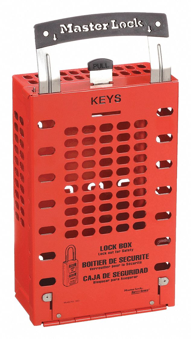 GROUP LOCKOUT BOX, STEEL, RED, 12.75 X 6.38 X 3½ IN, WALL, HINGED, 14 PADLOCKS