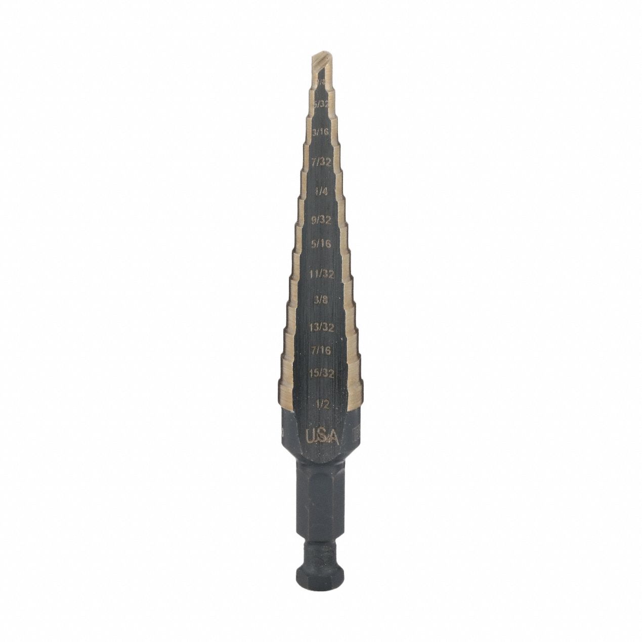 Step Drill Bit: 1/8" to 1/2", Black Oxide Cobalt, Hex Shank