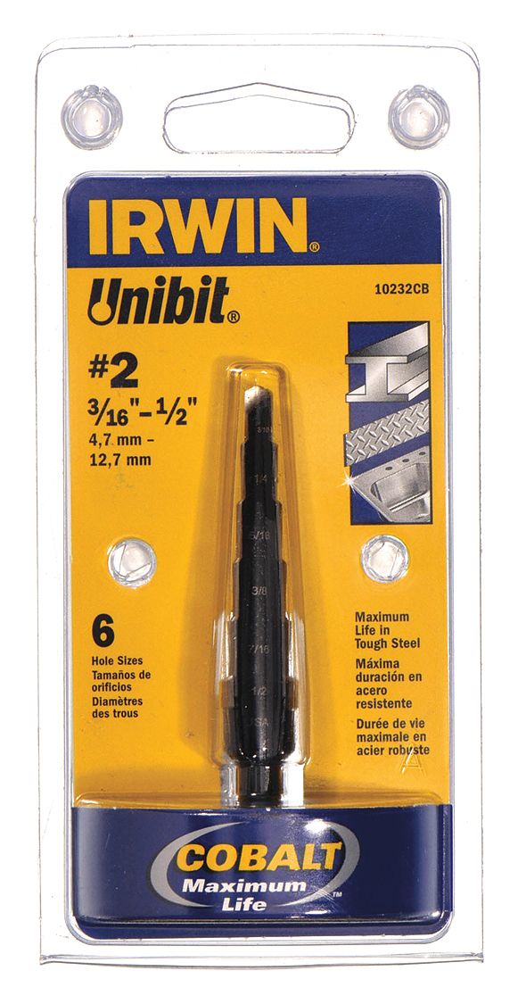 Step Drill Bit: 3/16" to 1/2", Black Oxide Cobalt, Hex Shank