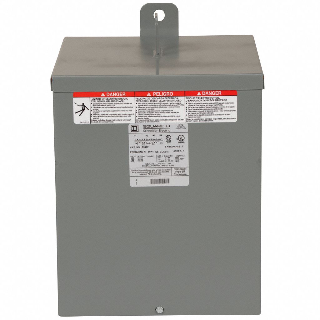Dry Type Power Distribution Transformer: 480V AC, 120V AC/240V AC, Wall, Aluminum