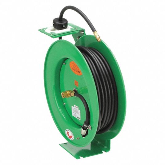 Spring Return Hose Reel: 50 ft (1/4 in I.D.), 1/4 in MNPT, 300 psi Max Op  Pressure, Brass, Green