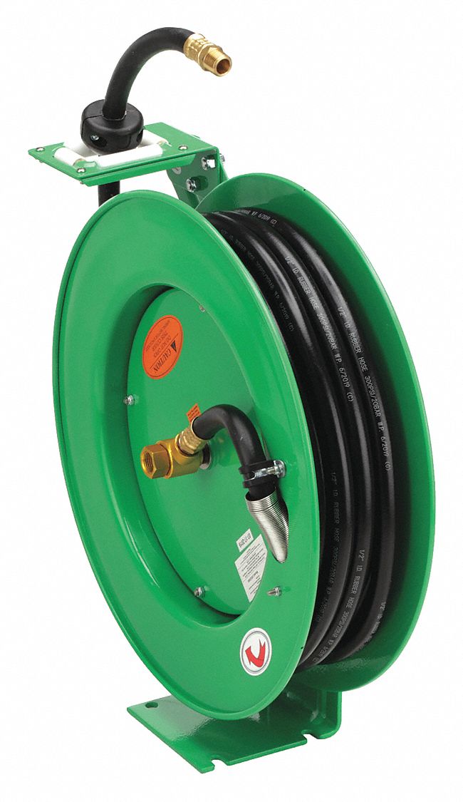 SPRING RETURN HOSE REEL: 50 FT (½ IN I.D.), ½ IN MNPT, 300 PSI MAX, BRASS, GREEN