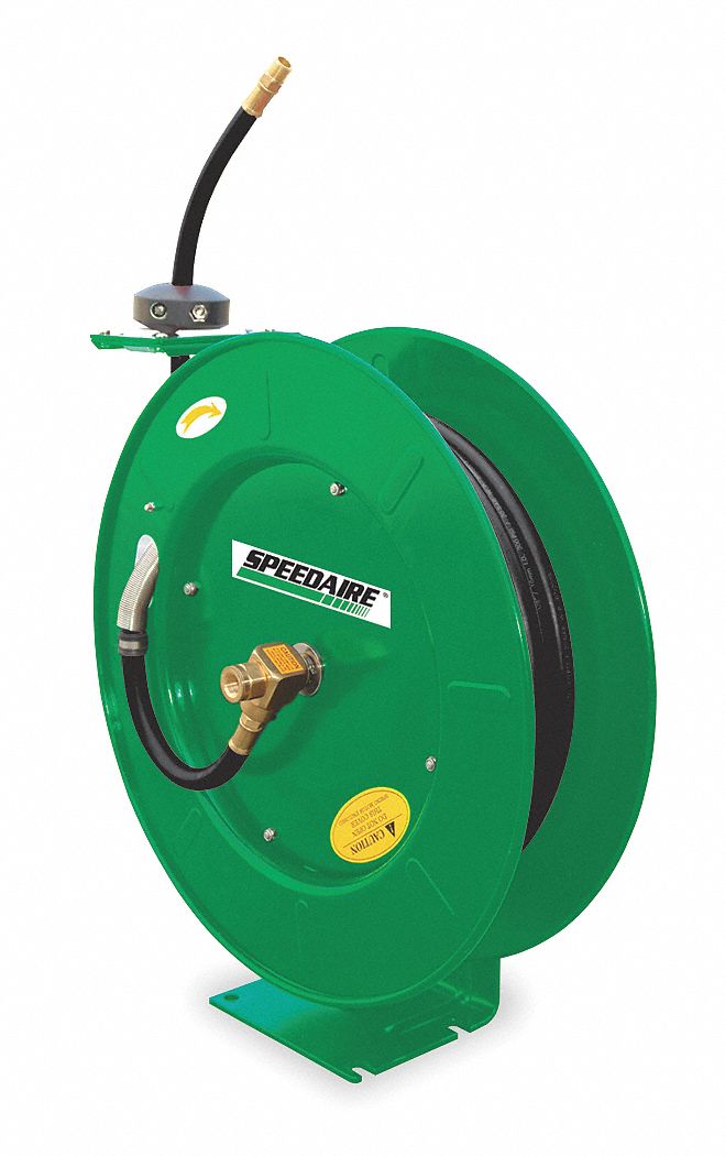 Spring Return Hose Reel: 100 ft (3/8 in I.D.), 3/8 in MNPT, 300 psi Max Op Pressure, Brass, Green